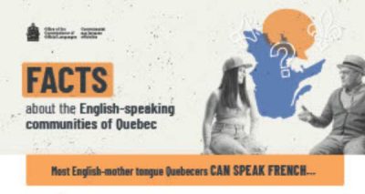 Infographic titled 'Facts about the English-speaking communities of Quebec' with an image of a woman and man in conversation. It also highlights the text 'Most English-mother tongue Quebecers CAN SPEAK FRENCH' with a map of Quebec in the background.