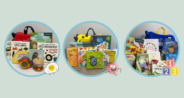 Three 'Let's Play & Talk' kits, displayed side by side in circles. The first kit focuses on food, the second on emotions, and the third on colors and numbers. Each kit includes books and toys related to their themes.