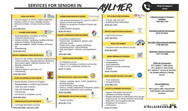 Calendar of all available services for seniors within the Aylmer area