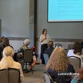 Connexions Executive Director, Danielle Lanyi, presents the 2023-2024 Annual Report at Connexions' Annual General Meeting.