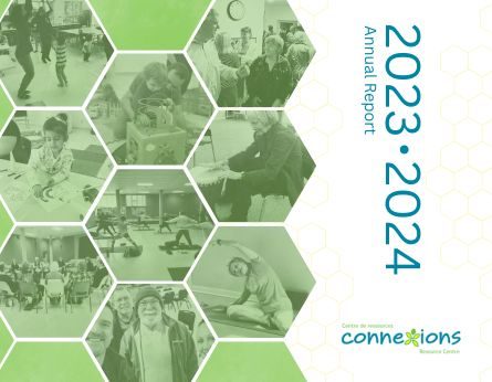 Cover image of Connexions Resource Centre's 2023-2024 Annual Report featuring a green and white honeycomb design with various photos of community activities, and the Connexions logo.